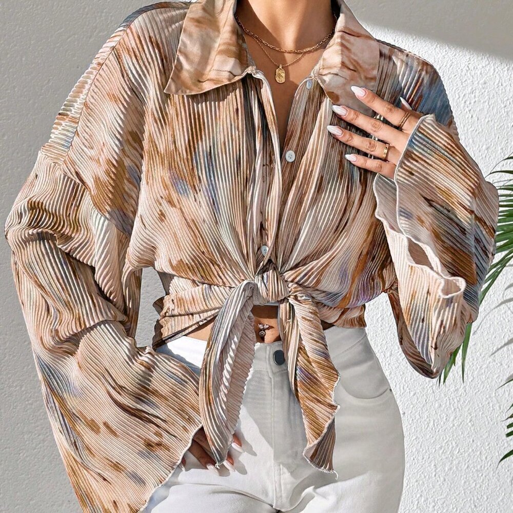 Khaki Casual Women's Spring/Summer Random Printed Flare Sleeve Shirt - Picture 5 of 6